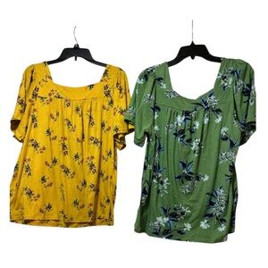 Yellow and Green Relaxed Smocked Blouses